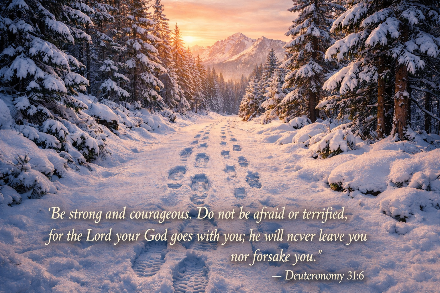 Two sets of footprints in fresh snow on mountain trail one large one smaller side by side through winter forest dawn -- Deuteronomy 31:6 wallpaper